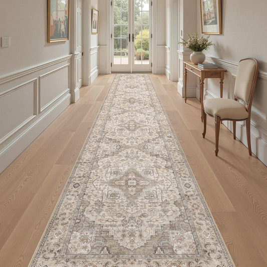 Washable 3x20 Runner Rug - Area Rugs Neutral Vintage Distressed Floral Farmhouse Boho Large Soft Floor Rug Indoor Carpet for Hallway Entryway Home - Brown/Multi