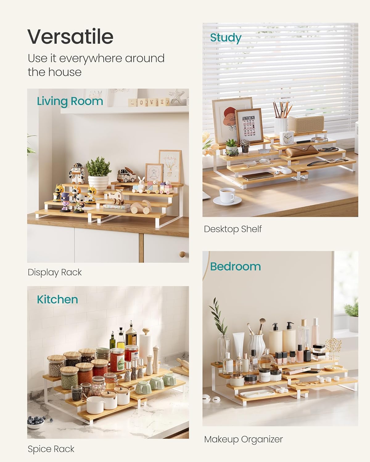 SONGMICS Display Risers, Set of 2 Engineered Wood Perfume Organizer Stand, 4-Tier Cupcake Stand Holder, Spice Rack, Shelf Risers for Figures, Dessert Shelves, Natural Beige and Cloud White UKCS216N02