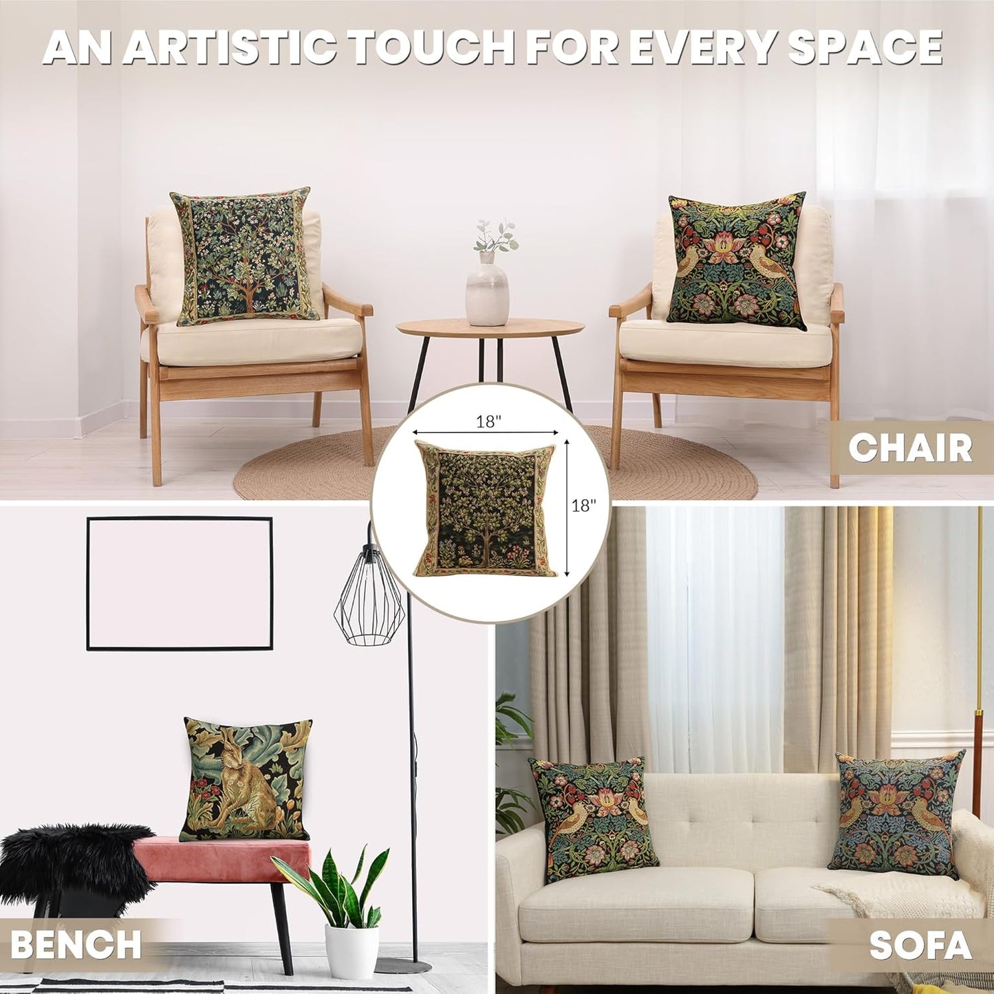 Charlotte Home Furnishings Throw Pillow Covers, Decorative Boho Pillow Covers for Couch, Living Room, Black Tree Square Cushion Cases 18x18 in, European Cotton Jacquard Woven for Cozy Bedroom Decor