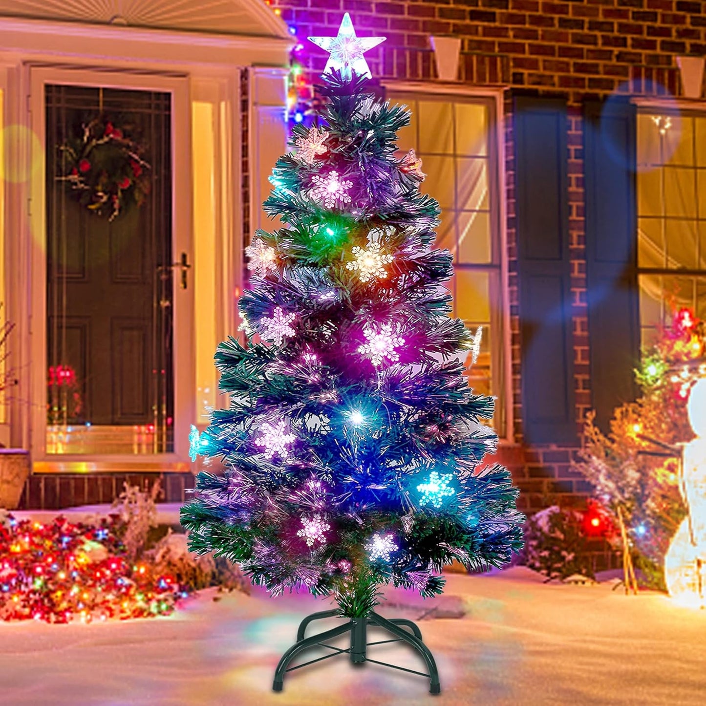 Prsildan 5 FT Artificial Christmas Tree, Pre-Lit Optical Fiber Xmas Trees with Multicolor LED Lights, Snowflakes & Top Star, Lighted Christmas Tree Holiday Home Decor