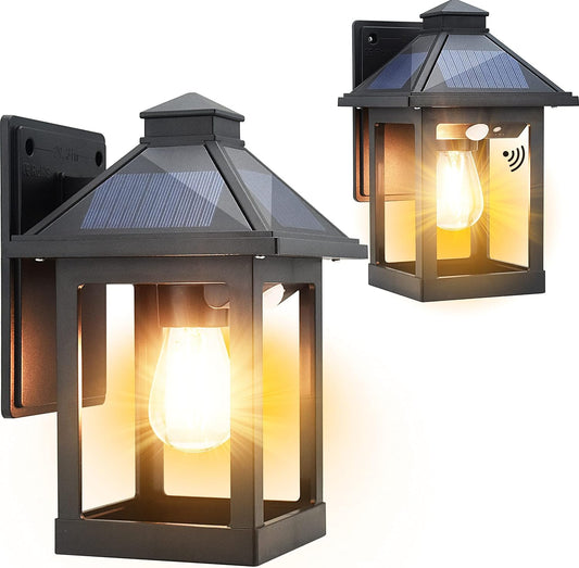 2 Pack Solar Wall Lanterns Outdoor with 3 Modes, Dusk to Dawn Motion Sensor LED Sconce Lights IP65 Waterproof, Exterior Front Porch Security Lamps Wall Mount Patio Fence Garage Decorative