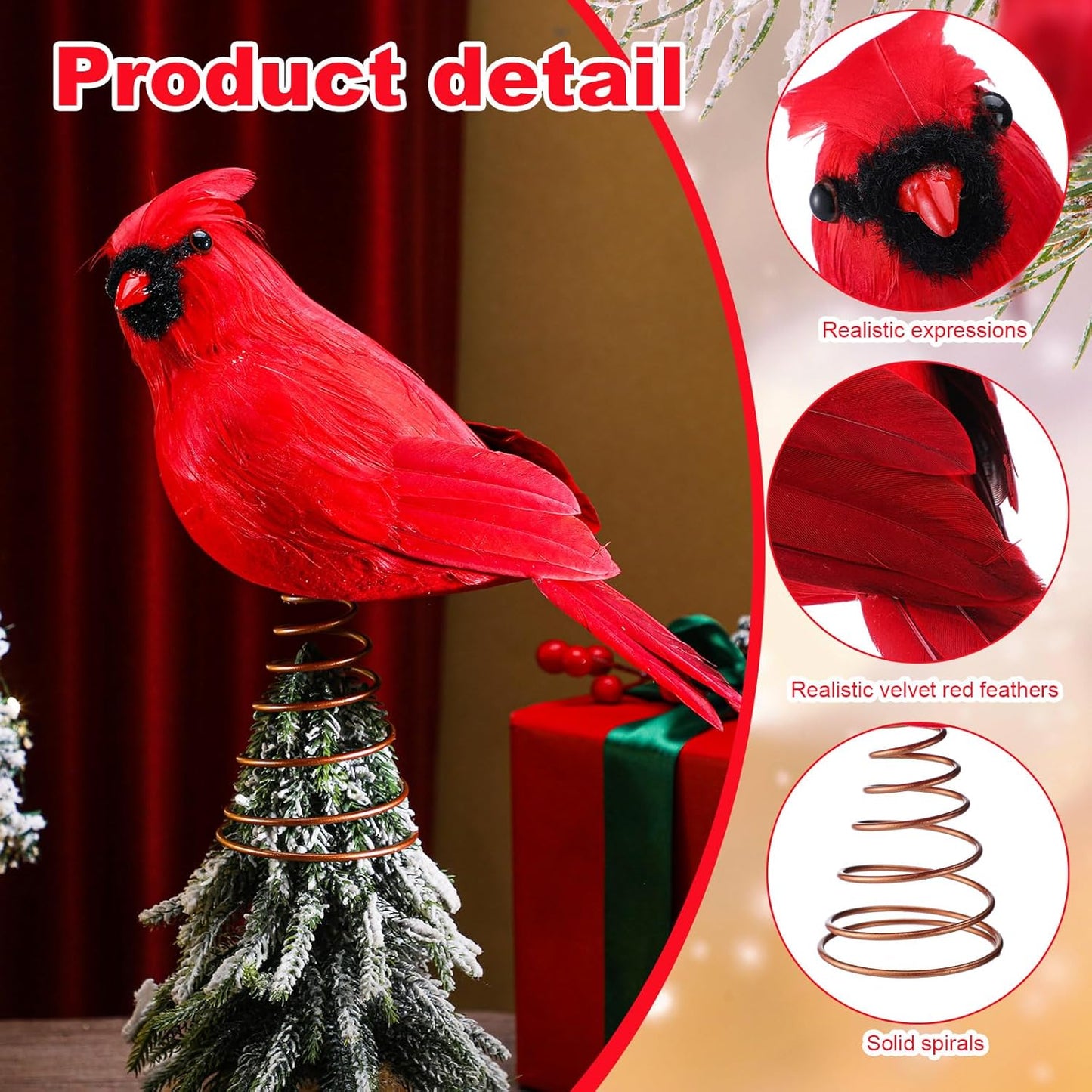 Retisee 11.8'' Cardinal Christmas Tree Topper Red Cardinal Christmas Tree Decoration Red Bird Christmas Tree Ornaments Artificial Feather Flocked Christmas Ornaments for Christmas Wedding Party Decor