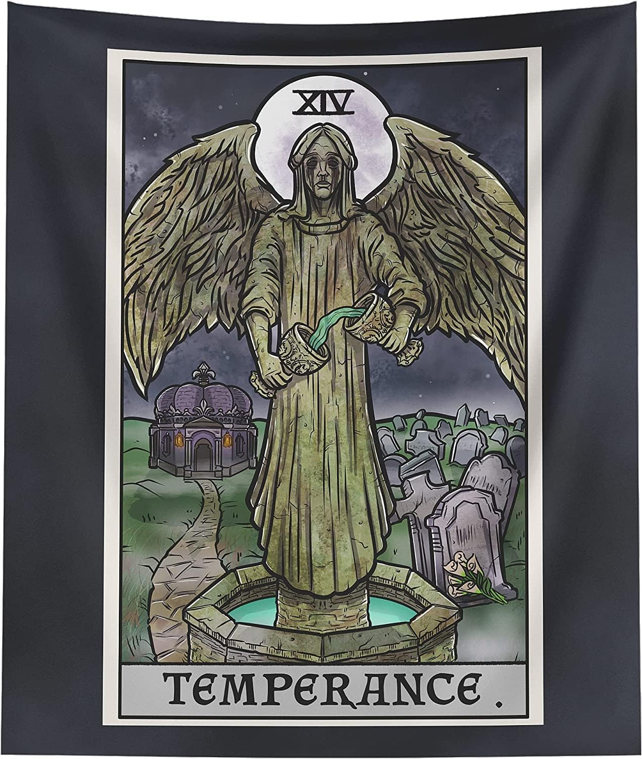 The Ghoulish Garb Temperance Tarot Card Tapestry - Crying Angel Statue - Gothic Halloween Home Decor Wall Hanging (60" x 50")