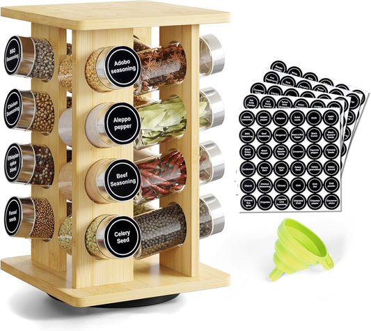 WelFurGeer Bamboo Spice Rack Organizer for Countertop, Revolving Spice Shelf with 16 Glass Jars, Lids & Labels, Desktop Rotating Seasoning Organizer for Kitchens, Space-Saving Design