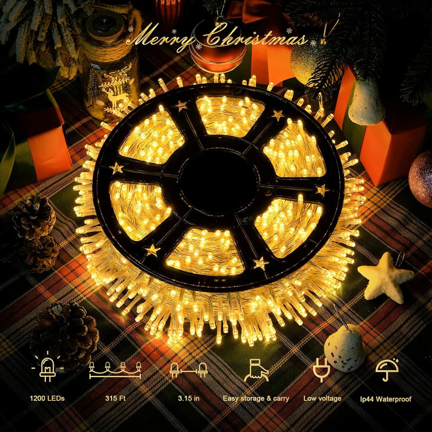 JMEXSUSS 1200 LED Warm White Christmas String Light Outdoor Indoor,Christmas Tree Lights Clear Wire, 315 FT Christmas Lights Plug in for Bedroom Tree Room Party Birthday Decorations, EXS-S-1200