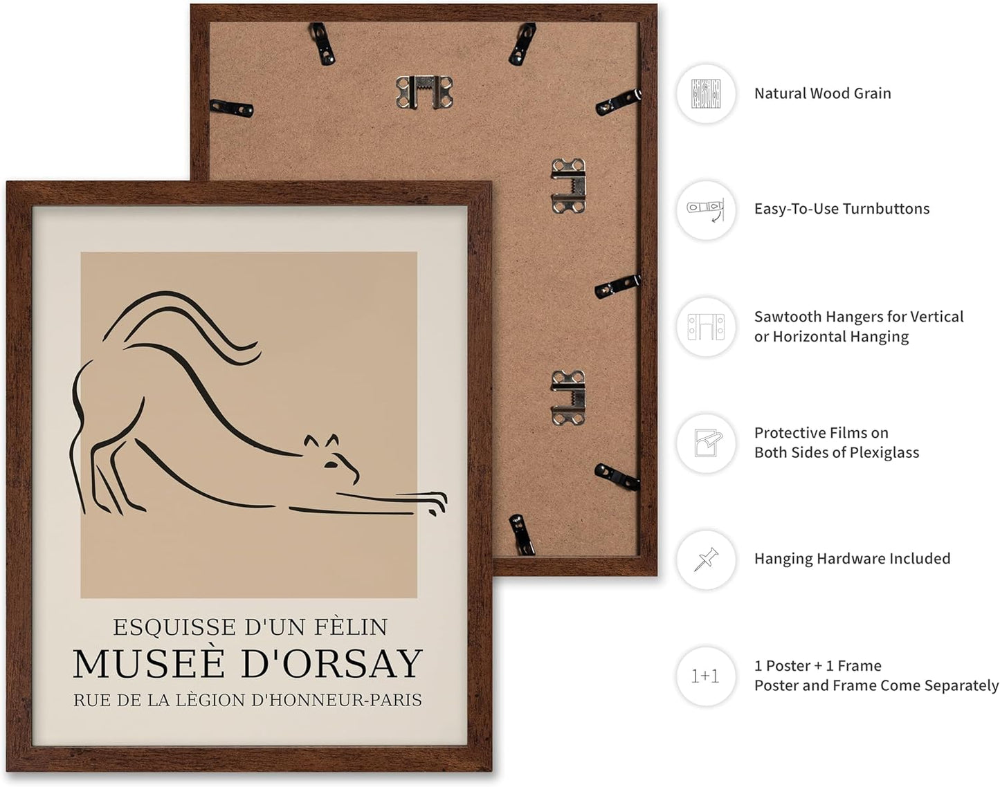 Poster Master Vintage Poster - Retro Minimalist Print - Gift for Artist, Housewarming - Cat, Line Drawing, Sketch, Abstract - Wall Decor for Living Room, Bedroom, 11x14 Brown Framed