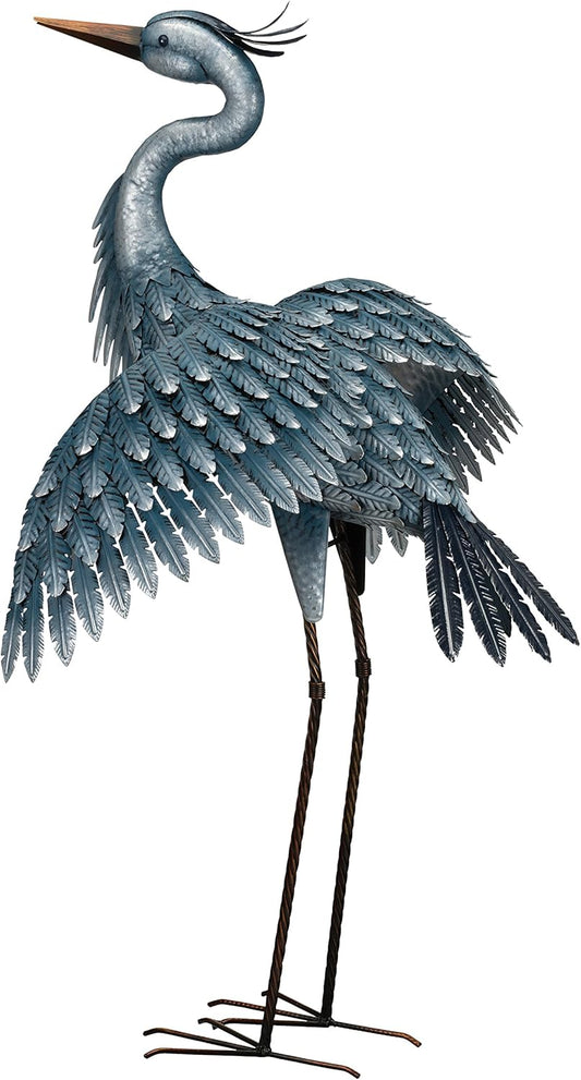 Regal Art & Gift Outdoor Garden Décor, Unique Bird Sculpture, Rustic Metal Bird Statues, Garden Ornaments, Bird Figurine for Lawn, Decorative Sculpture, Heron, Blue, Wings Down, 41"height