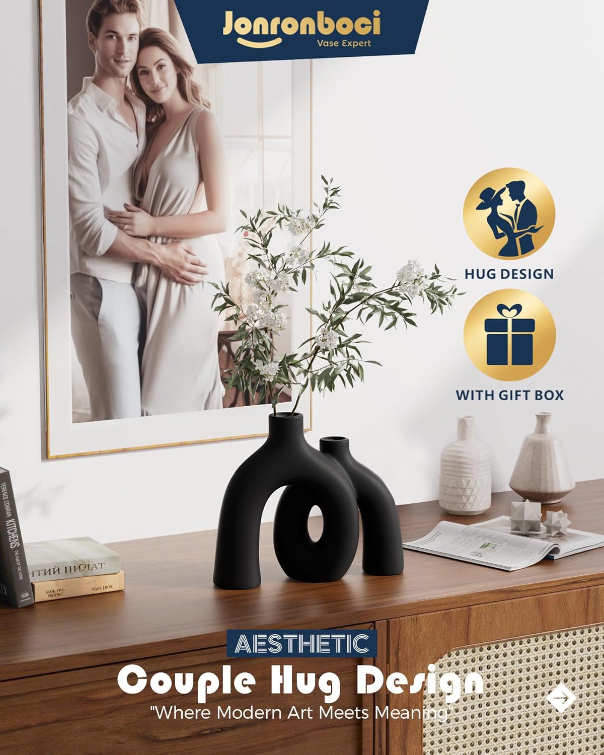Matte Black Vase Set - Hug Hollow Donut Aesthetic Ceramic Vases Home Decor, Modern Nordic Minimalist Decorative Vase for Table Centerpiece Bookshelf Office Entryway Console Fireplace (Black)