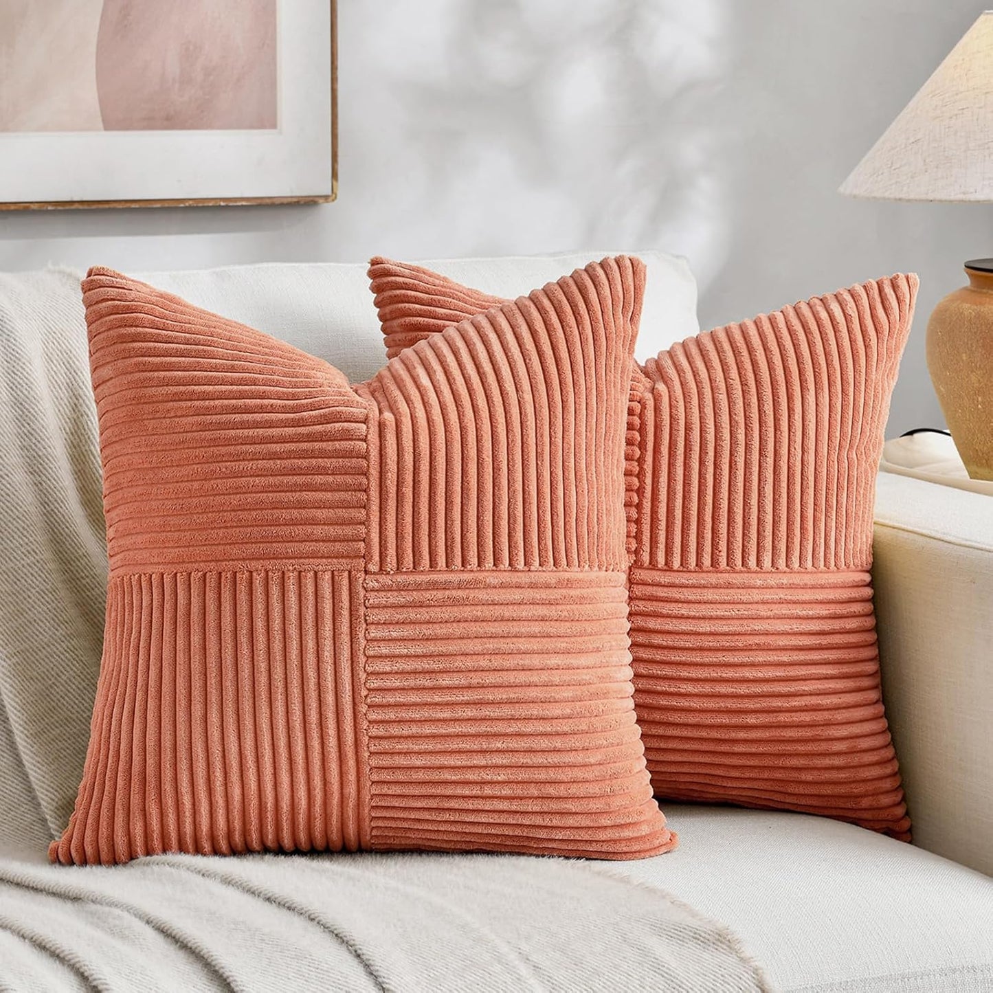 Fancy Homi 2 Packs Coral Decorative Throw Pillow Covers 18x18 Inch for Living Room Couch Bed, Rustic Farmhouse Boho Home Decor, Soft Corss Corduroy Patchwork Textured Peach Cushion Case 45x45 cm