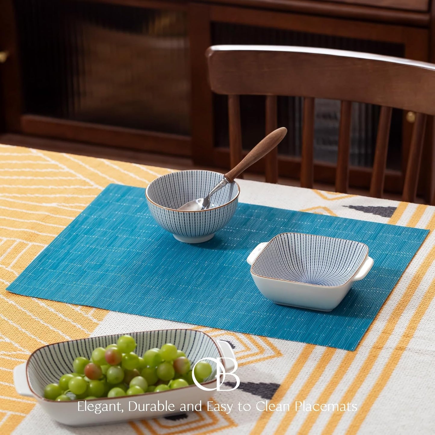 Placemats Set of 12 - Easy Clean Woven Vinyl Placemats for Dining Table, Indoor/Outdoor Place Mats, Washable PVC Table Mats（Teal Blue）