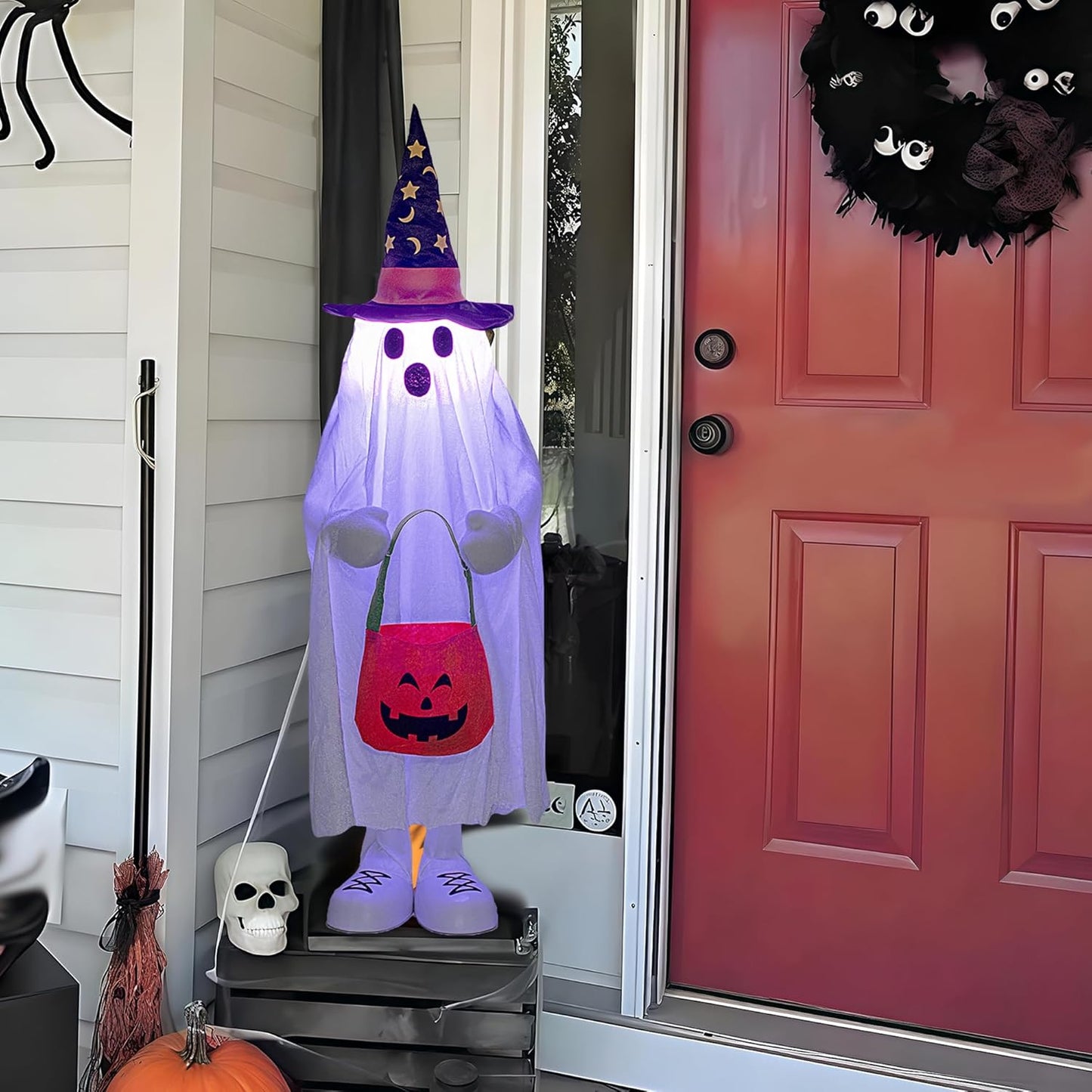 37" Cute Front Porch Light Up Halloween Ghost Décor, Kids Standing Trick or Treat Indoor and Outdoor Decorations-Star Moon