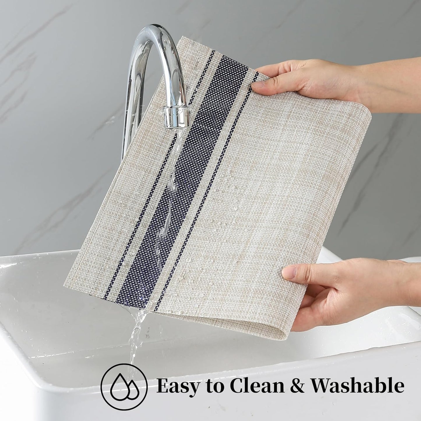 Leetaltree Khaki-Blue Placemats, Heat Resistant Non-Slip Place mats for Dining Table, Washable Durable PVC Vinyl Woven Table Mats (Set of 6)