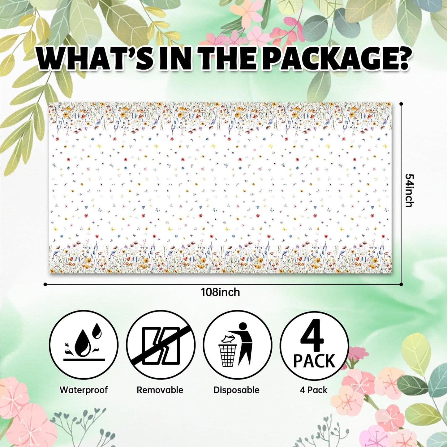 Floral Tablecloth 4 Packs 54x108 Inch - Butterfly Spring Wildflower Plastic Table Cover for Wedding Decorations Easter, Baby in Bloom Showers & Mother's Day Tea Parties Disposable Rectangle Tablecloth
