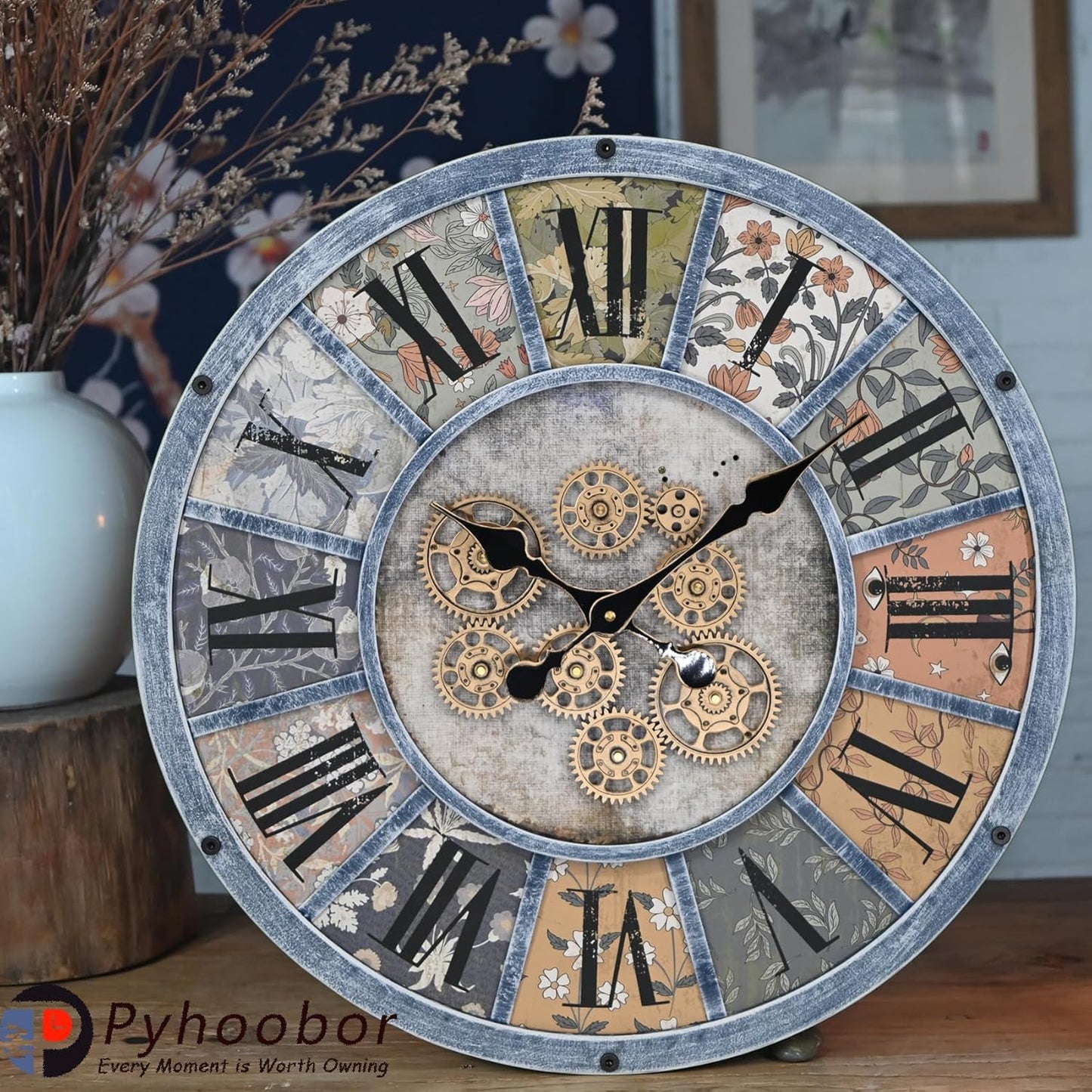 Unique Moving Gear Large Round Wall Clock 21inch-Battery Powered. Retro Industrial Steampunk Country Farmhouse Decor for Living Room Kitchen Bars cafes Offices(Blue/metal/21)
