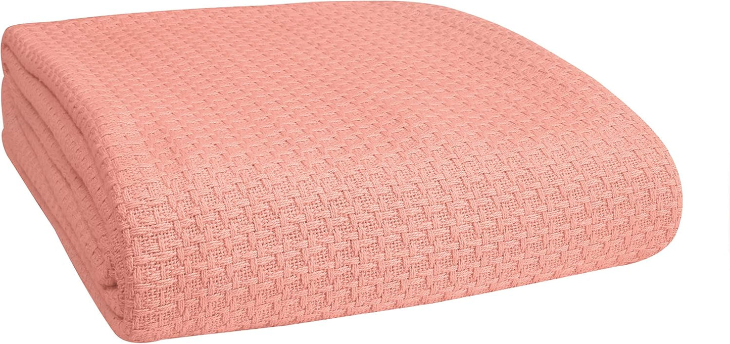 BELIZZI HOME 100% Cotton Bed Blanket, Breathable Bed Blanket King Size, Cotton Thermal Blankets King, Perfect for Layering Any Bed for All Season, Peach