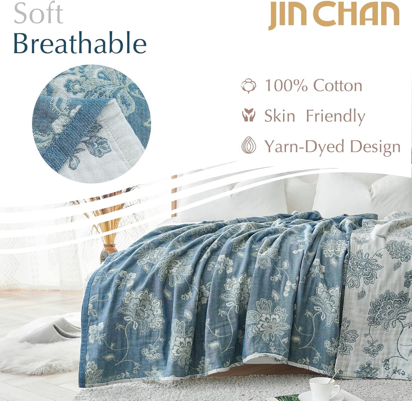 jinchan Boho 100% Cotton Muslin Twin Size 50x60 Inches Blanket Lightweight 4-Layer Quilted Soft Blue and White Floral Throw Blanket Green Accents Reversible Comfy Flower Breathable Summer Couch