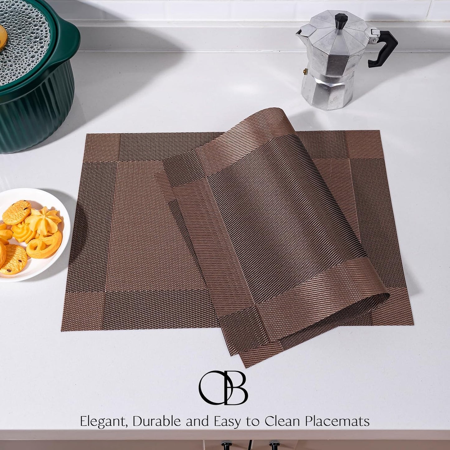 Placemats Set of 12 - Easy Clean Woven Vinyl Placemats for Dining Table, Indoor/Outdoor Place Mats, Washable PVC Table Mats（Brown Cube）
