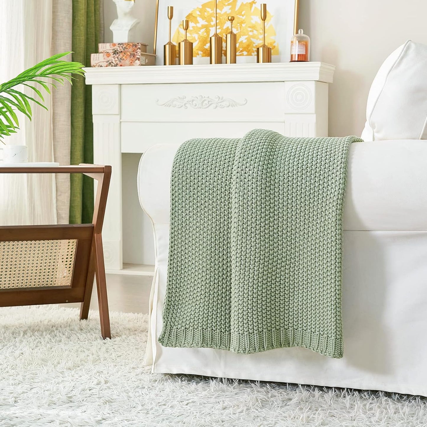 Chunky Cable Knit Throw Blanket Lightweight Light Green 100% Organic Cotton Blanket for Sofa Couch Bed Baby Nursery, Rustic Shabby Chic Modern Farmhouse, 51” x 63” Bonus Laundering Bag