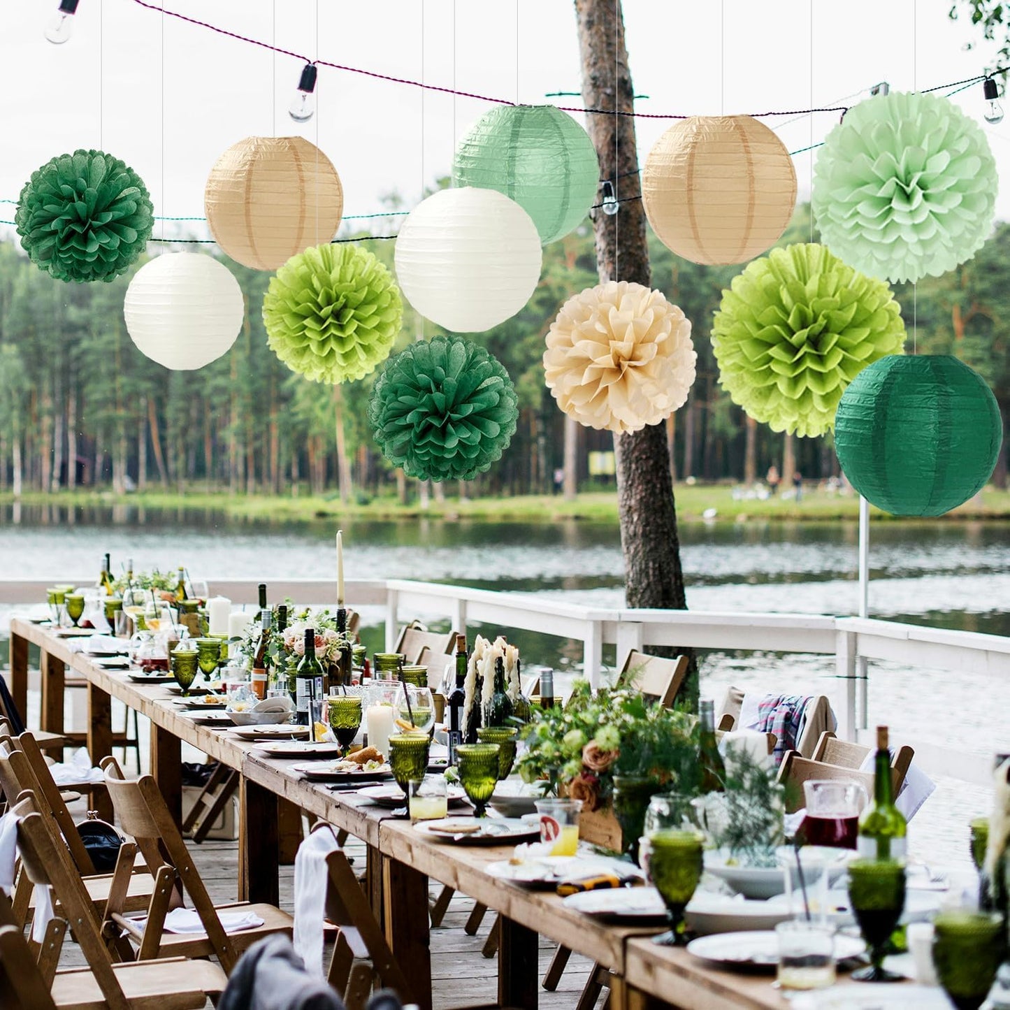 Sage Green-Boho Party-Decorations Paper Flowers Lanterns - 15PCS Birthday Gender Neutral Baby Shower Tissue Pom Poms Streamers, Champagne Gold Rustic Wedding Graduation Hanging Supplies Decor Hugfond