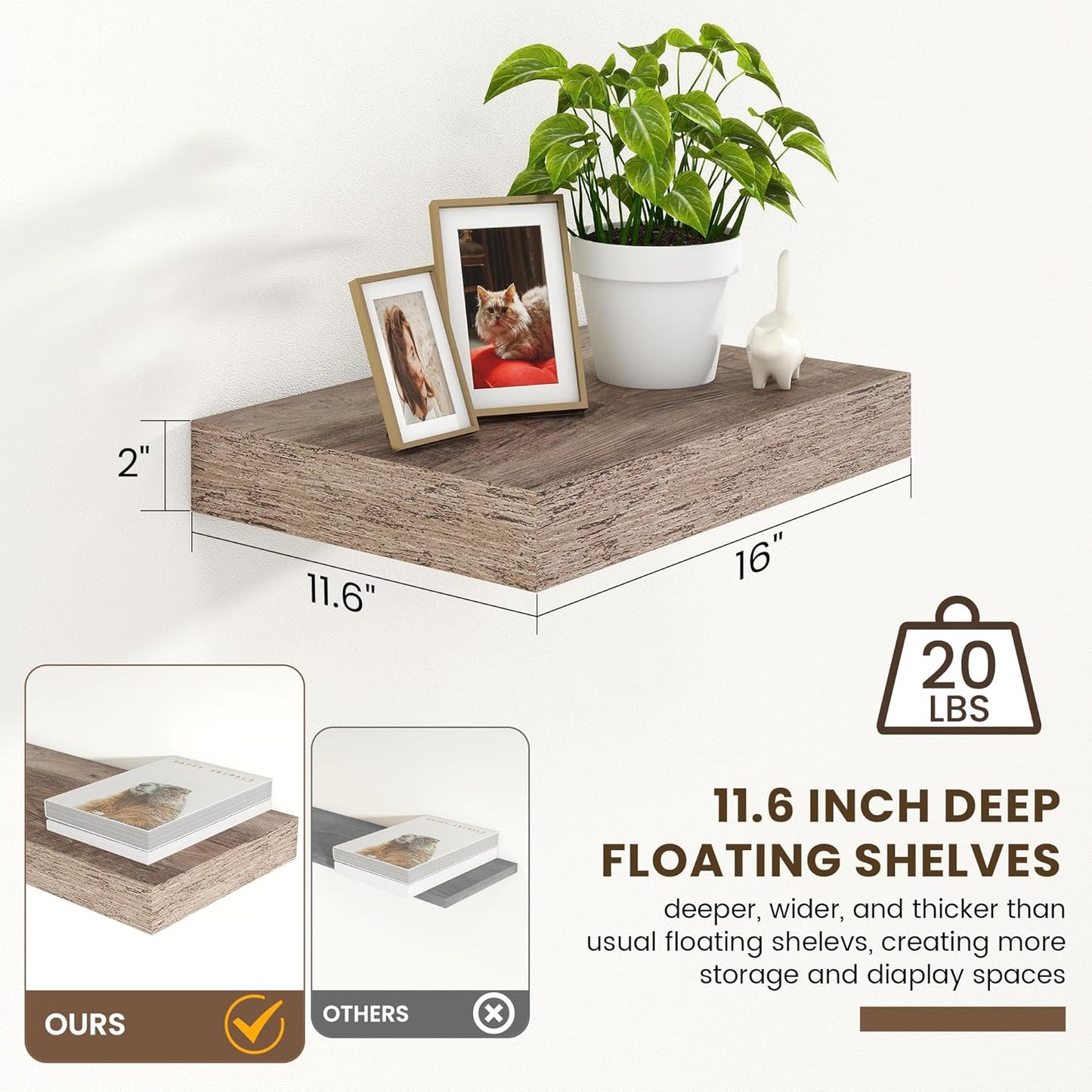 Deep Floating Shelves for Wall | 16 Inch Wide x 12 Inch Deep Floating Shelves Set of 2 | Rustic Grey Wood Wide Wall Shelves | Bookshelf Laundry Shelf TV Shelf