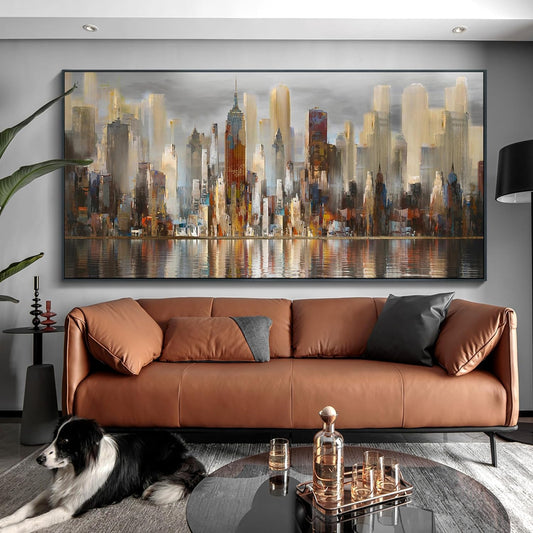 Mofutinpo Large Black Framed Cityscape New York abstract wall art Brown City Theme Paintings Modern Canvas office wall decor living room modern artwork Size 30x60