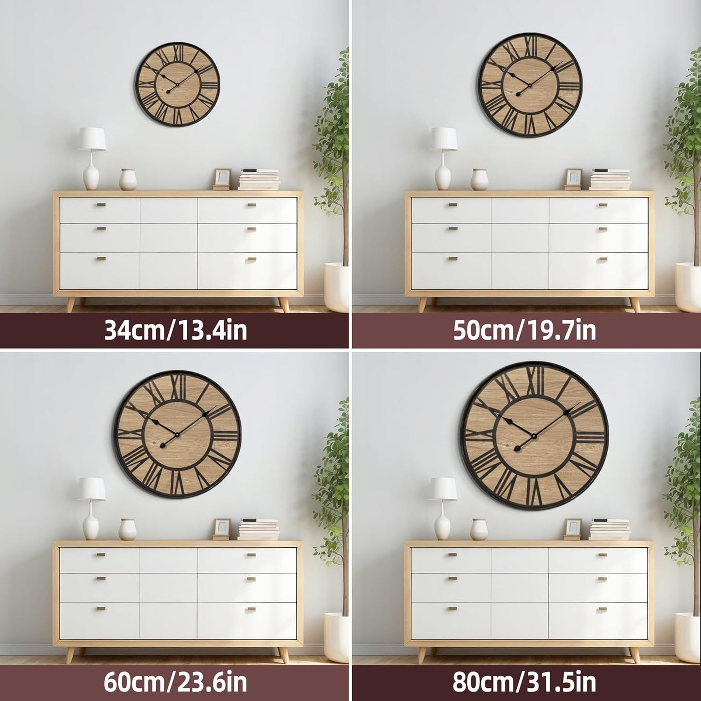 Large Wall Clock for Living Room Decor, Non Ticking Silent, Battery Operated Modern Vintage Wood Oversized Decorative Wall Clock for Bedroom Kitchen Farmhouse Office Decor