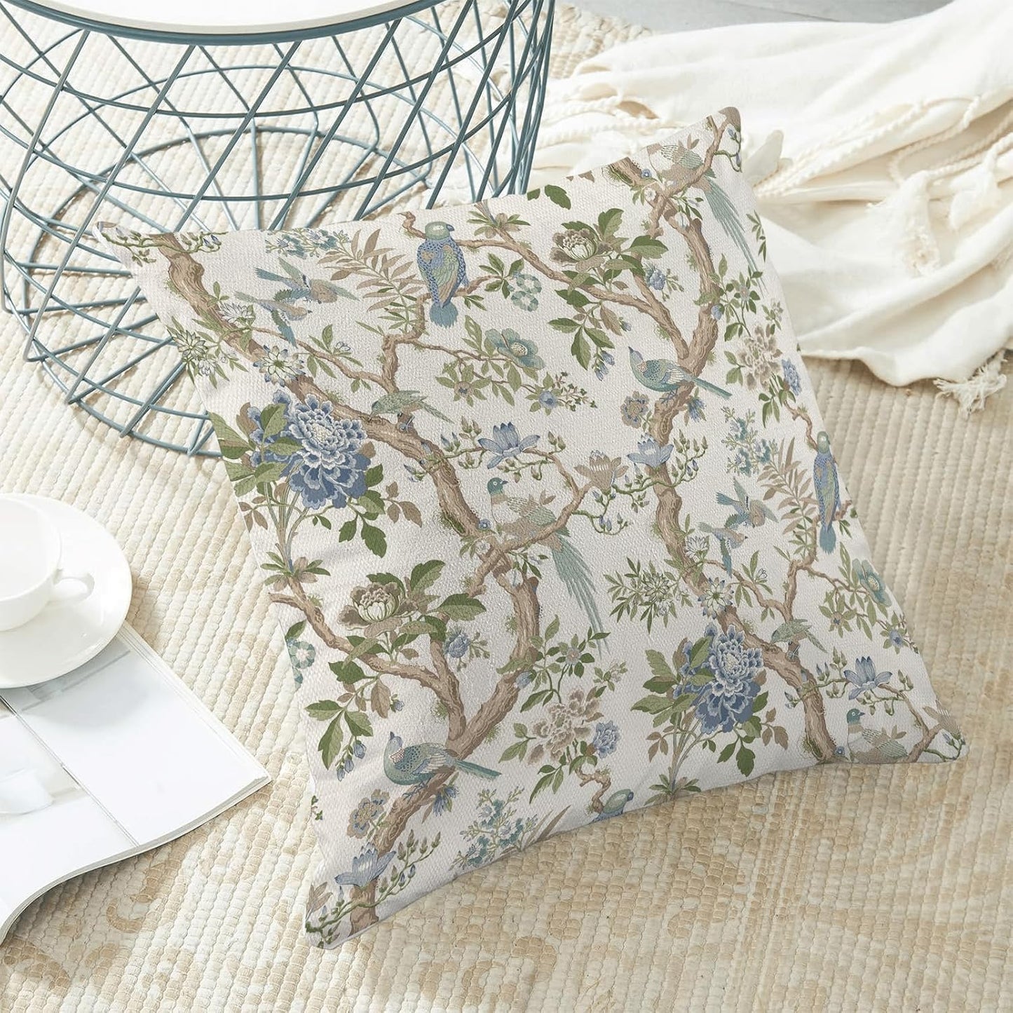 CXMEIFLY Chinoiserie Spring Pillow Covers 20 x 20 Inch Set of 2 for Blue Sage Green Vintage Flowers Bird Decor Throw Pillows Plant Farmhouse Outdoor Decorative Cushion Cases for Couch Bed Decorations
