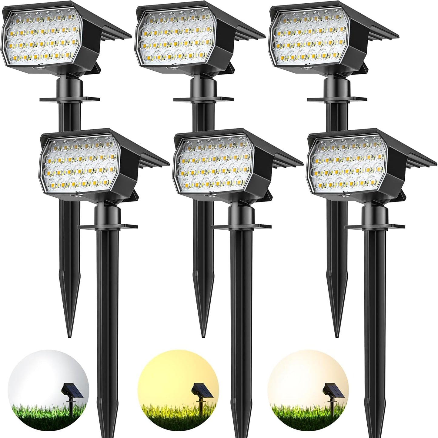 3 Colors Solar Lights Outdoor Waterproof IP65 Outdoor Solar Spot Lights for Yard 52 LEDs 600LM Solar Powered Landscape Spotlights Solar Security Wall Lights for Garden Pathway Outside- 6 Pack