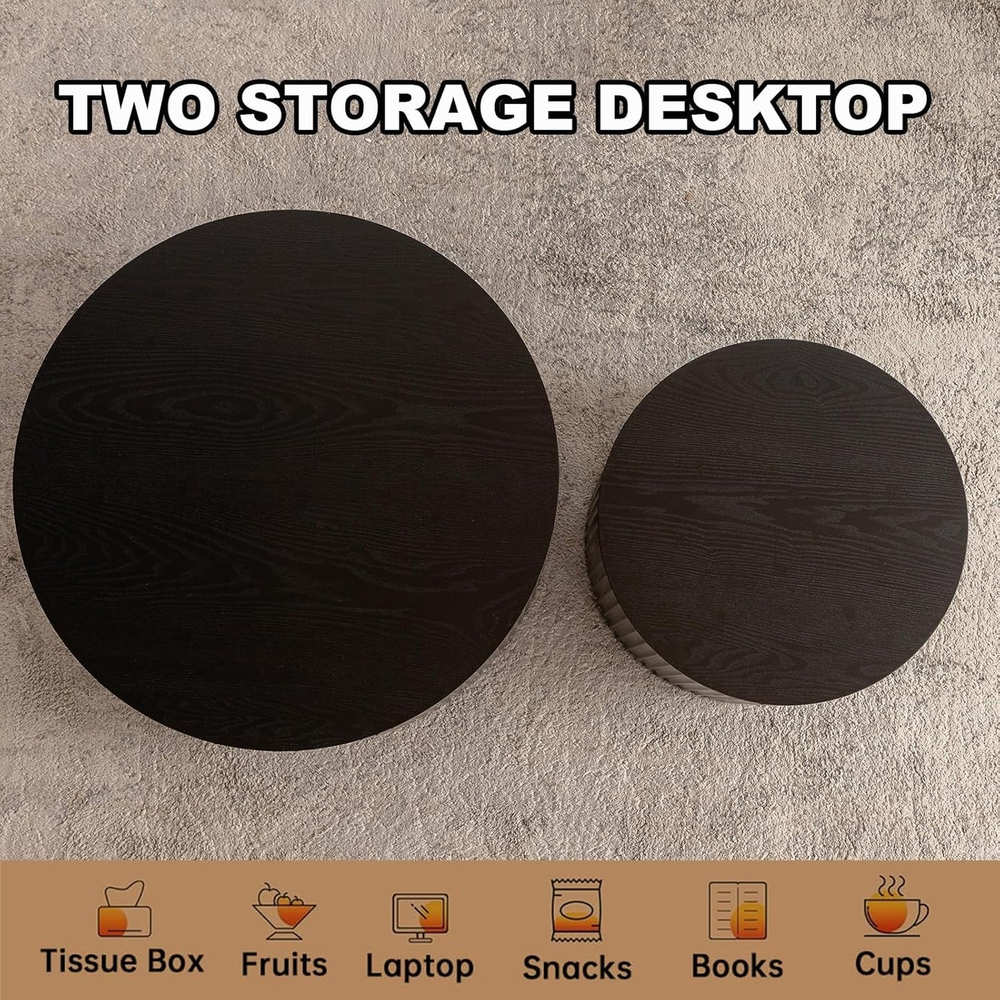 Modern Black Nesting Coffee Table Set of 2 Handcraft Fluted Coffee and End Table Sets Wooden Drum Small Round Side Table Funky Center Tables for Living Room,No Assembly,Black Small