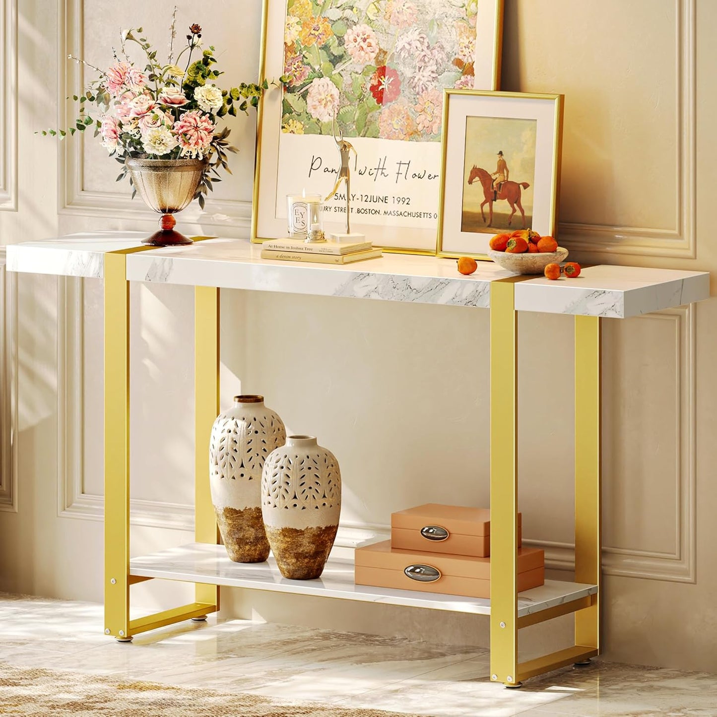 Huuger 47.2 Inch Entryway Table with Marble Top, 2-Tier Modern Console Sofa Table with Storage, Accent Table, for Entry, Hallway, Entrance, Foyer, T-Shaped Metal Frame, White Marble & Gold