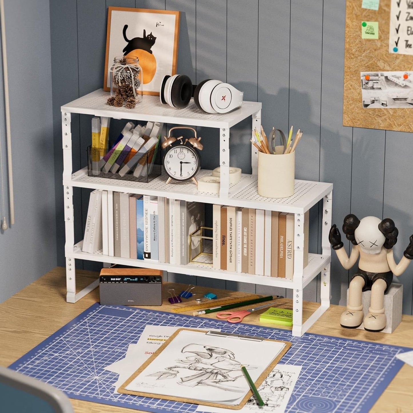 Expandable Spice Rack Kitchen Cabinet Shelf Organizer, Stackable Storage Shelves Racks, Adjustable Counter Shelving for Cabinets, Countertop, Cupboard,Pantry and More(2Packs/White/Medium)