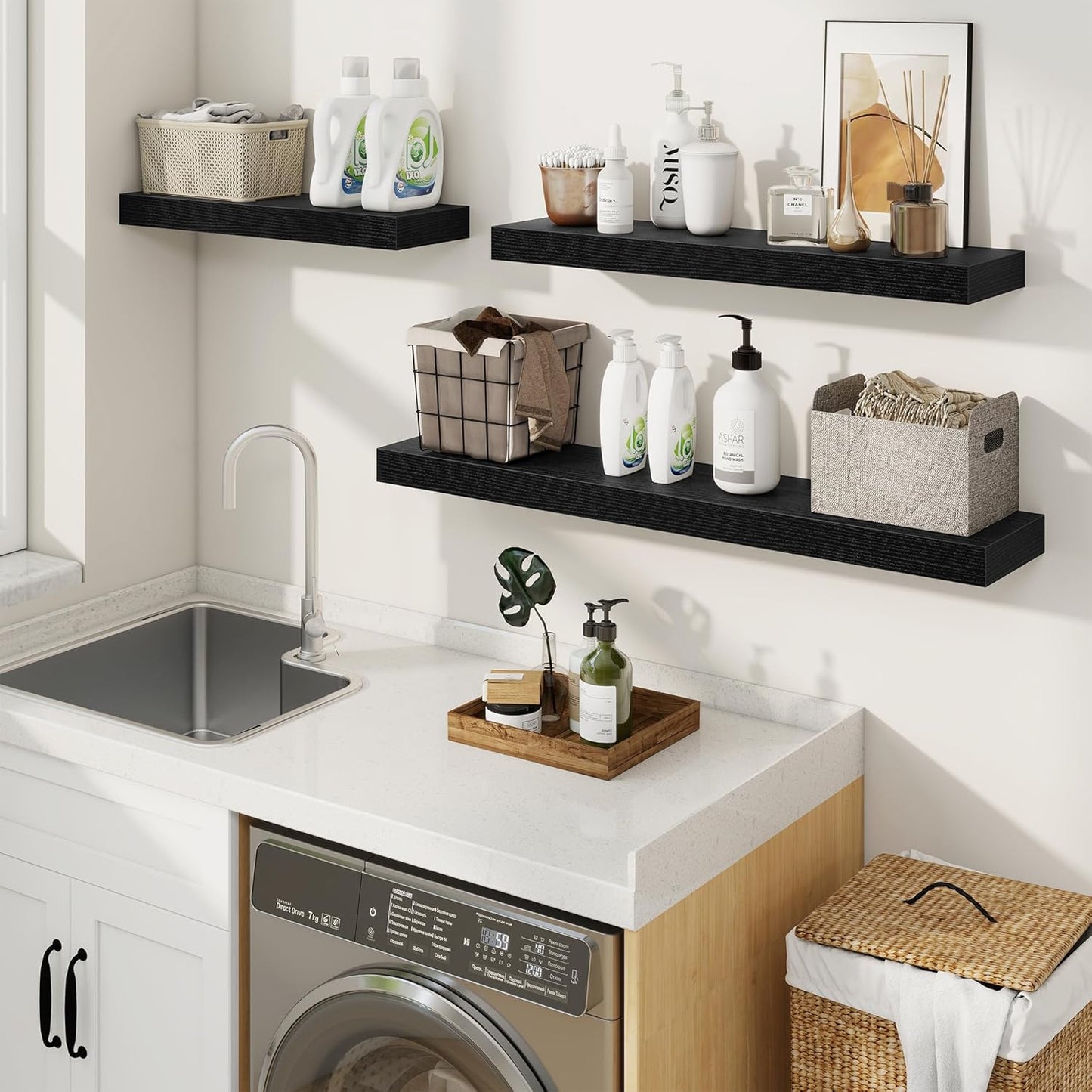 fuqing Floating Shelves for Wall, Bathroom Shelf Wall Mounted for Storage, Shelves with Invisible Bracket for Bedroom, Kitchen, Living Room, Farmhouse Small Book Shelf, 48 Inch Set of 2, Black