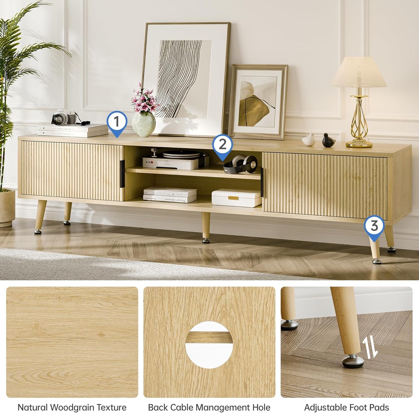 Mid Century TV Stand, Modern TV Console for TVs up to 70 Inches, Entertainment Center with Storage, TV and Media Consol, 62 Inch (Oak)