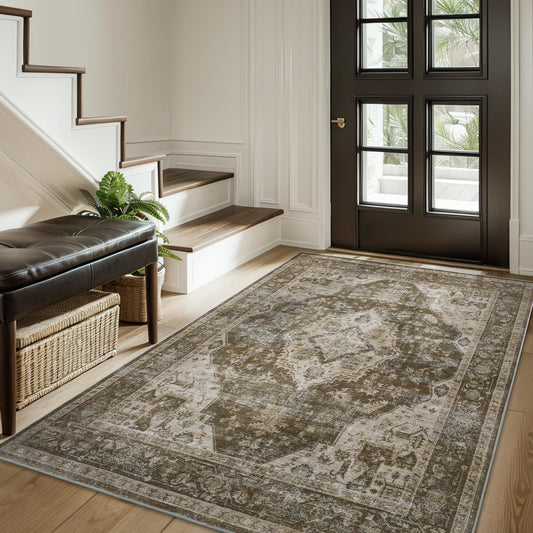 AMOAMI-3X5 Area Rug-Soft Washable Vintage Throw Accent Rugs for Living Room, Entryway, Bedroom, Kitchen, Bathroom, Laundry Room, Kitchen, Bathroom, Bedside, No Slip Brown/Coffee