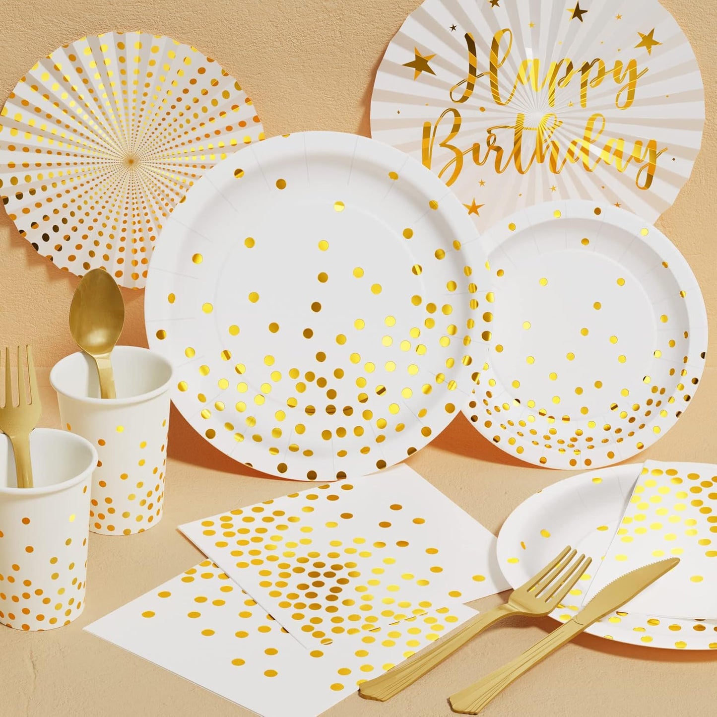 White and Gold Party Supplies, 350PCS Disposable Dinnerware Set w/White Paper Plates Napkin Cups Plastic Forks Knives Spoon for Women Men Birthday Christmas Retirement New Year Eve 2025 Decorations
