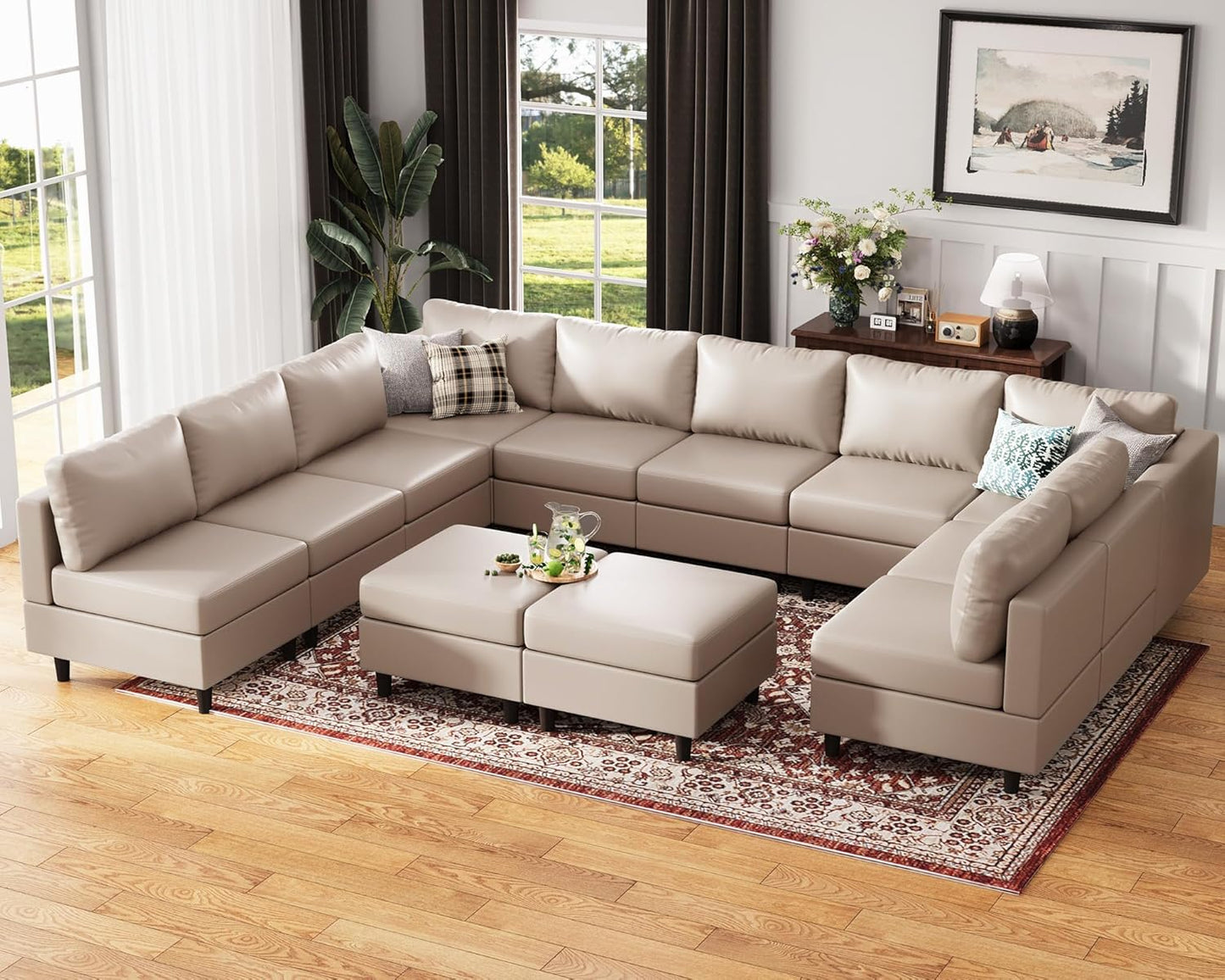 Oversized 145.5" Faux Leather Modular Sectional Sofa, Modern Large 12 Seater U Shaped Couch with Storage Seat with Reversible Chaise Deep Seat for Living Room DIY Combination - Whitesand