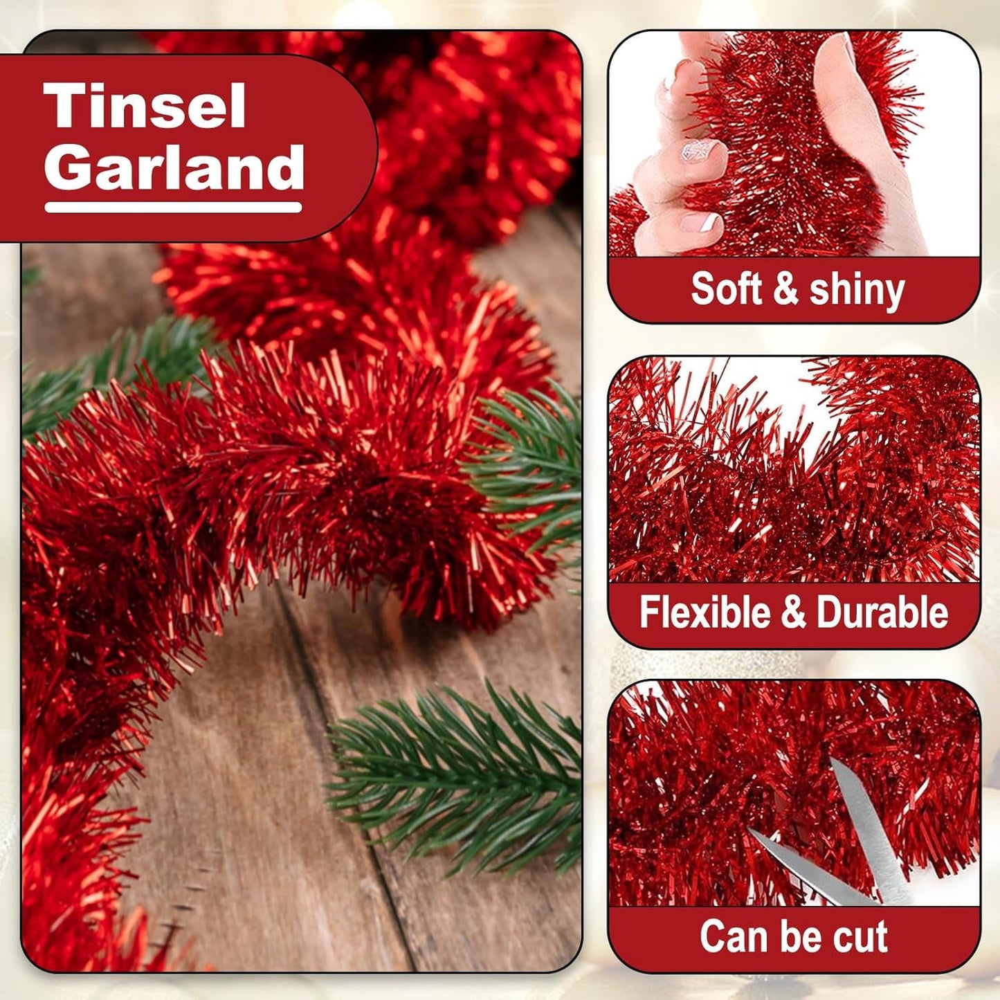 50 Feet Christmas Tinsel Garland, Metallic Twist Wall Hanging Tinsel Backdrop for Parade Floats, Carnival, Birthday, Wedding, New Year Party Decorations (Red, 2in x 50ft)