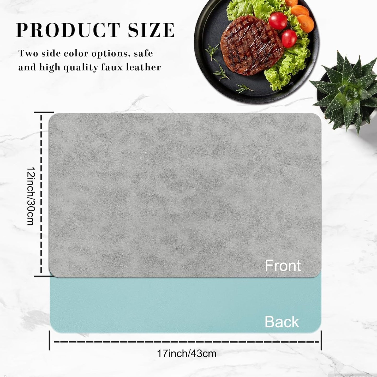 BLESWIN Faux Leather Placemats, PU Dining Table, Waterproof and Oil Resistant Easy to Clean, Heat Resistant Reversible Use Table Mats for Kitchen, Dining Table, Outdoor – 12 × 17 Inch, Light Grey&Blue