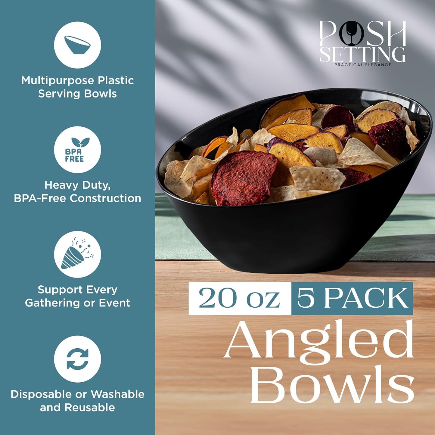 Posh Setting - Black Plastic Serving Bowls for Party - Angled, Disposable, Chip & Candy Bowls - 20 OZ, 5 Pack