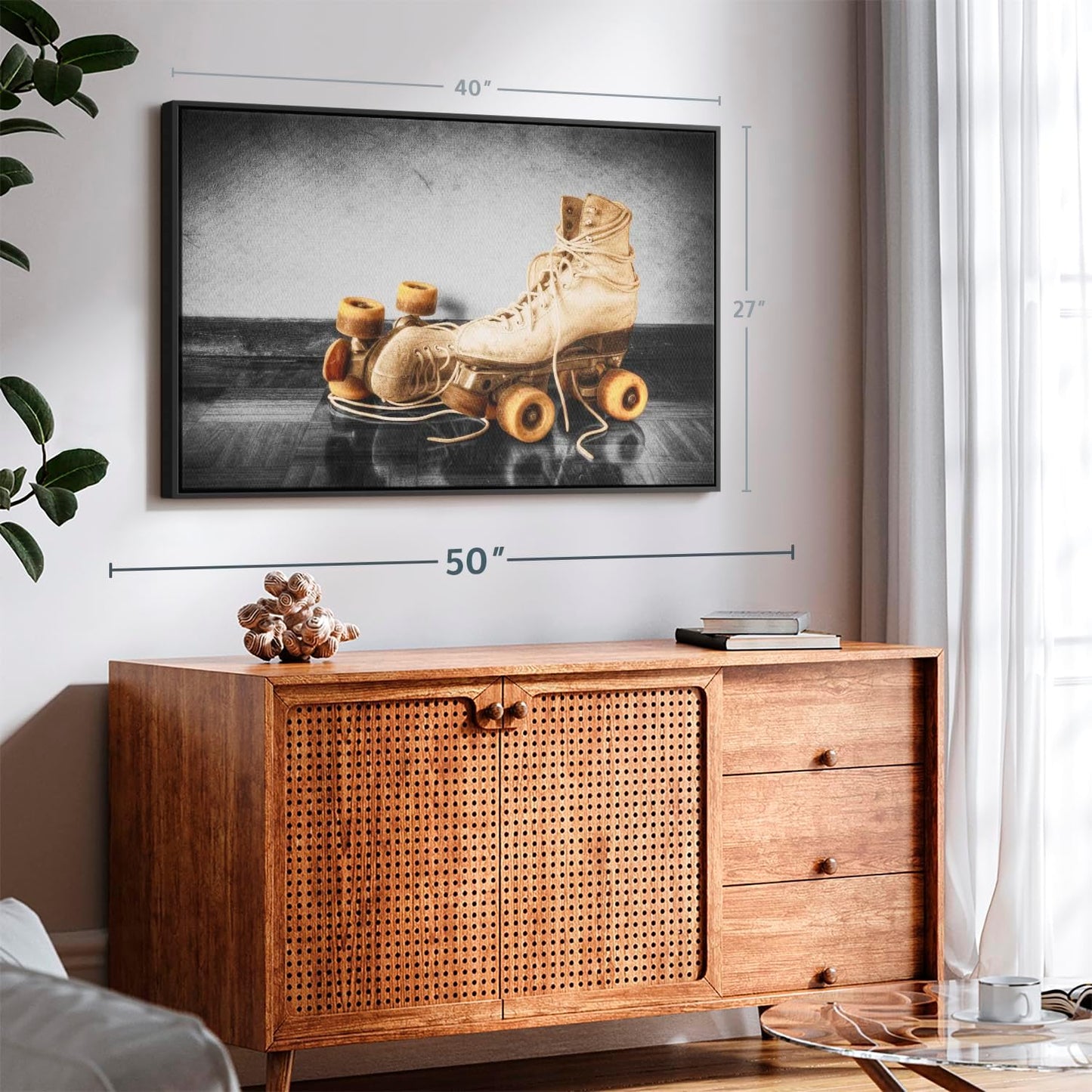 ElephantStock Vintage Skates Pop Wall Art - Horizontal Framed Canvas - 1-Piece Living Room Wall Decor - Sport Photography Canvas Print - Beige and Black Decor for Wall - 40" X 27"