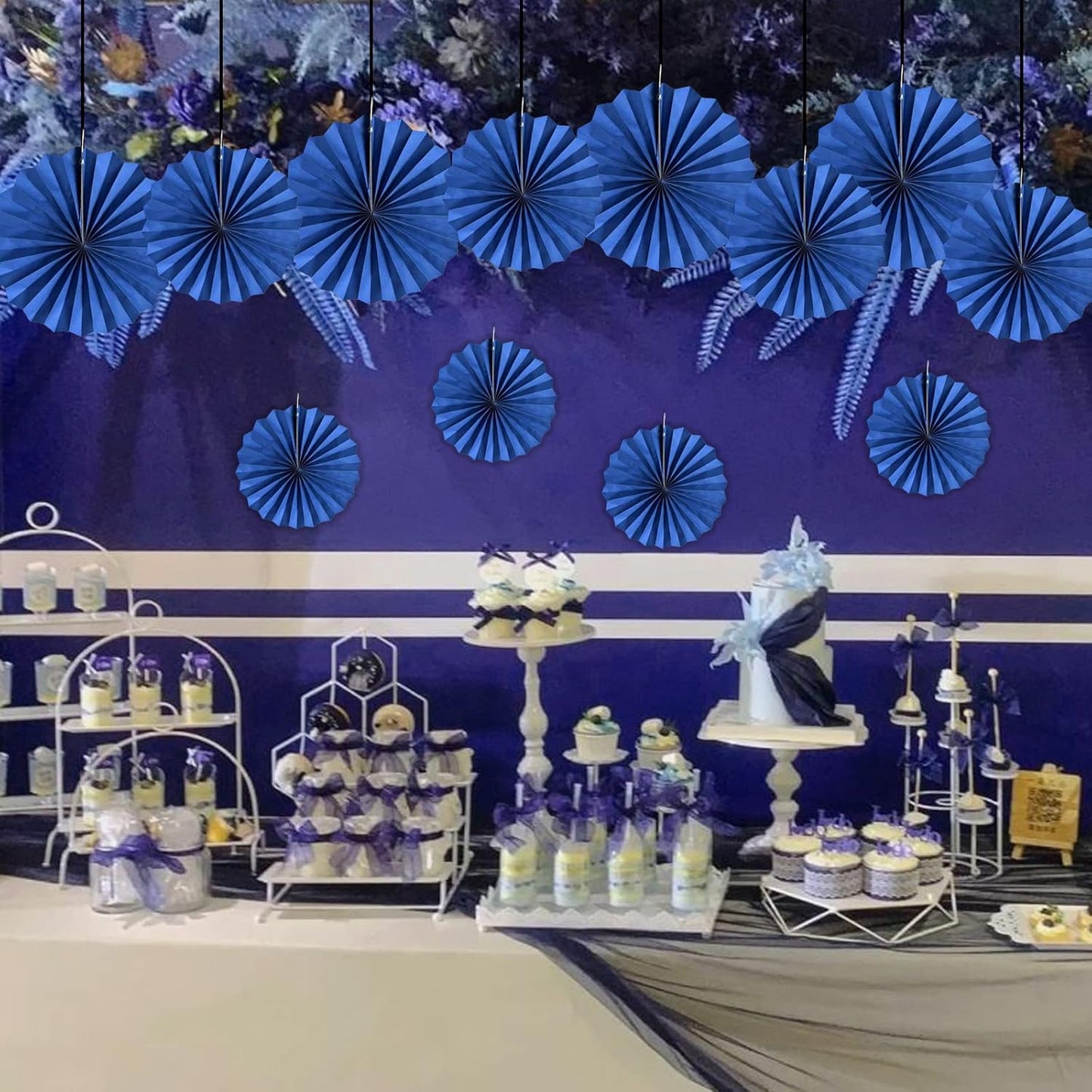 HQZ Blue Party Hanging Fans DIY Set - 12pcs Paper Fans, Pinwheels, Craft for Wedding, Birthday, Christmas Party Decoration