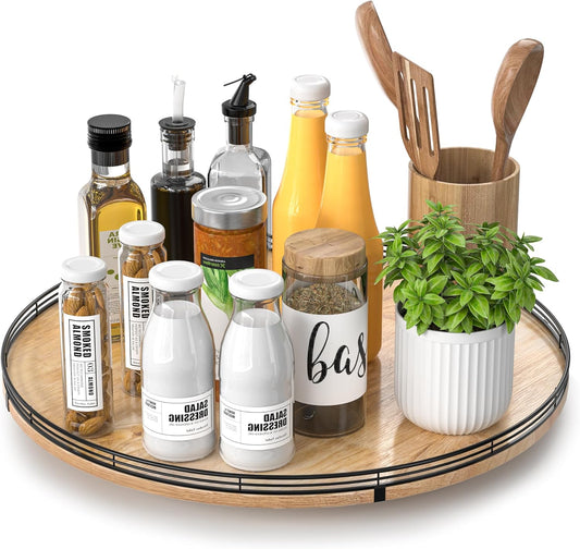 18" Lazy Susan Oak Wood Turntable Organizer for Cabinet, Farmhouse Round Wooden Large Lazy Susan Organization and Storage for Dining Table, Pantry, Kitchen, Countertop, Cupboard, Home Decor