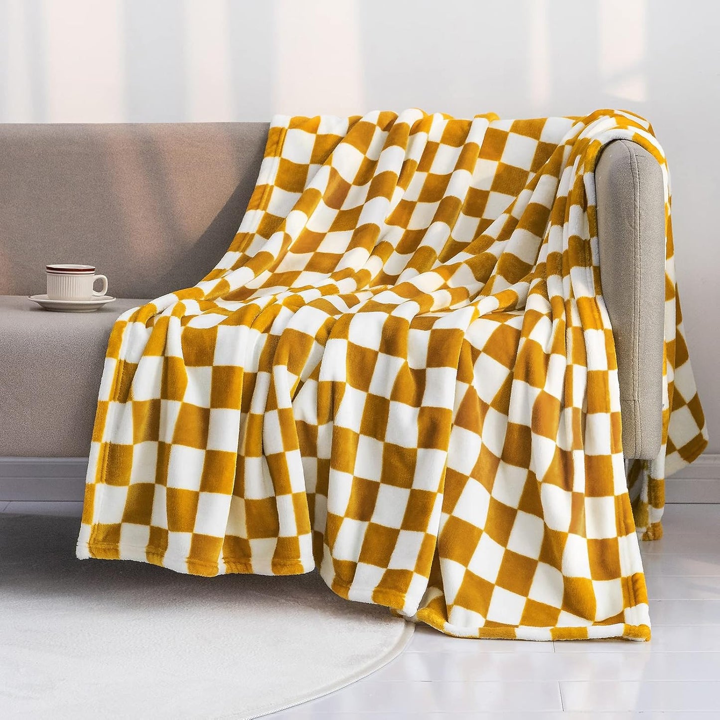 LOMAO Throw Blankets Flannel Blanket with Checkerboard Grid Pattern Soft Throw Blanket for Couch, Bed, Sofa Luxurious Warm and Cozy for All Seasons (Yellow, 50"x60")