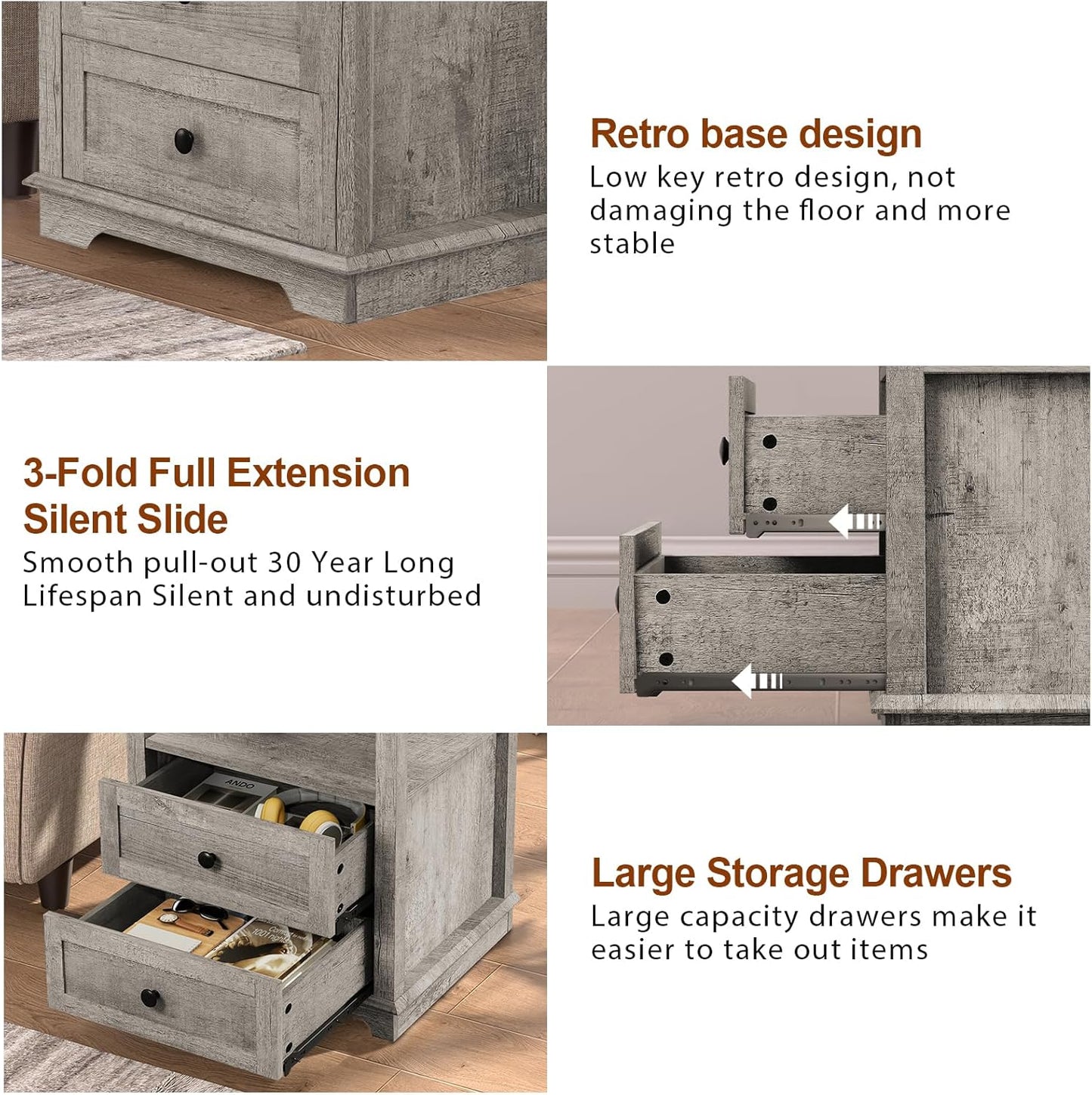 HIFYOBRO End Table with 2 Drawers and Charging Station, Type-C & USB Port & Power outlets, Wooden Storage Cabinet, Large Side Table with Storage for Living Room and Bedroom