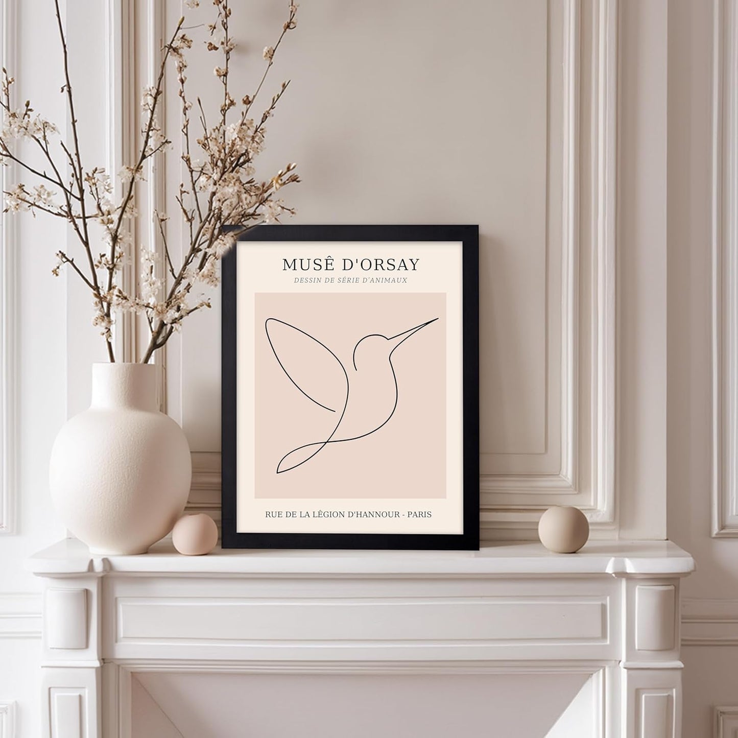 Poster Master Vintage Poster - Retro One Line Hummingbird Drawing Print - Bird Line Art - Minimal Gift for Him, Her, Animal Lover - Abstract Decor for Home, Office, 11x14 Black Framed