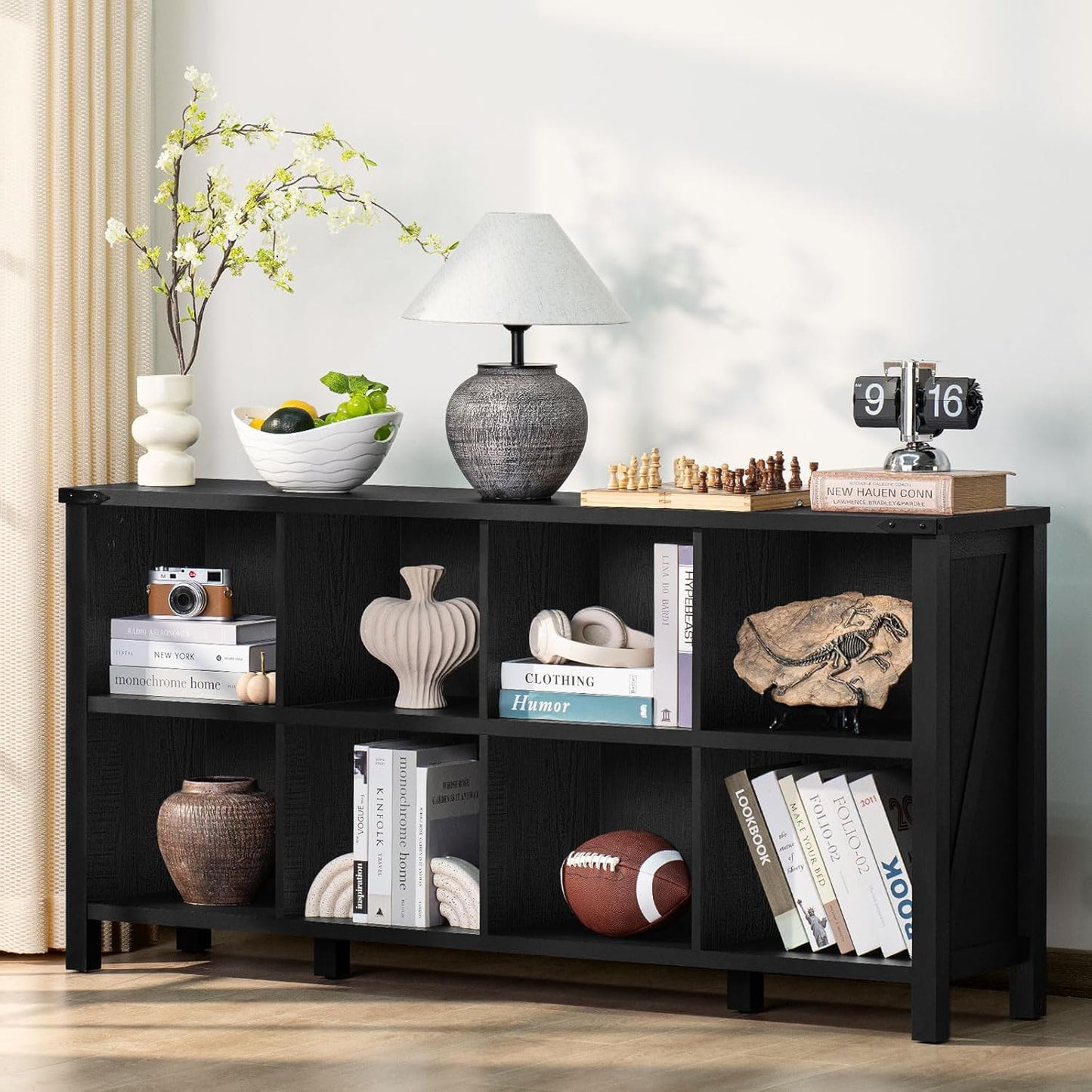 8 Cube Book Shelf, Farmhouse Wood Long Storage Organizer Bookcase, 62" Horizontal Black Console Closet Bookshelf, Hallway TV Stand for Entryway, Display Cabinet Book Case for Living Room