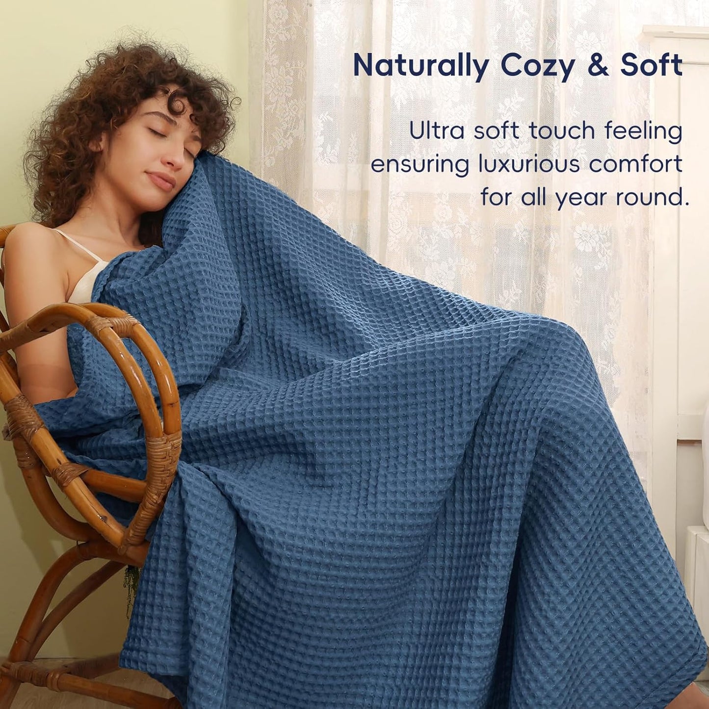 PHF Ultra Soft Waffle Weave Blanket Queen Size 90"x 90"- Washed Lightweight Breathablee Cozy Woven Blanket - Great for Couch Bed Sofa Home Car - Navy Blue