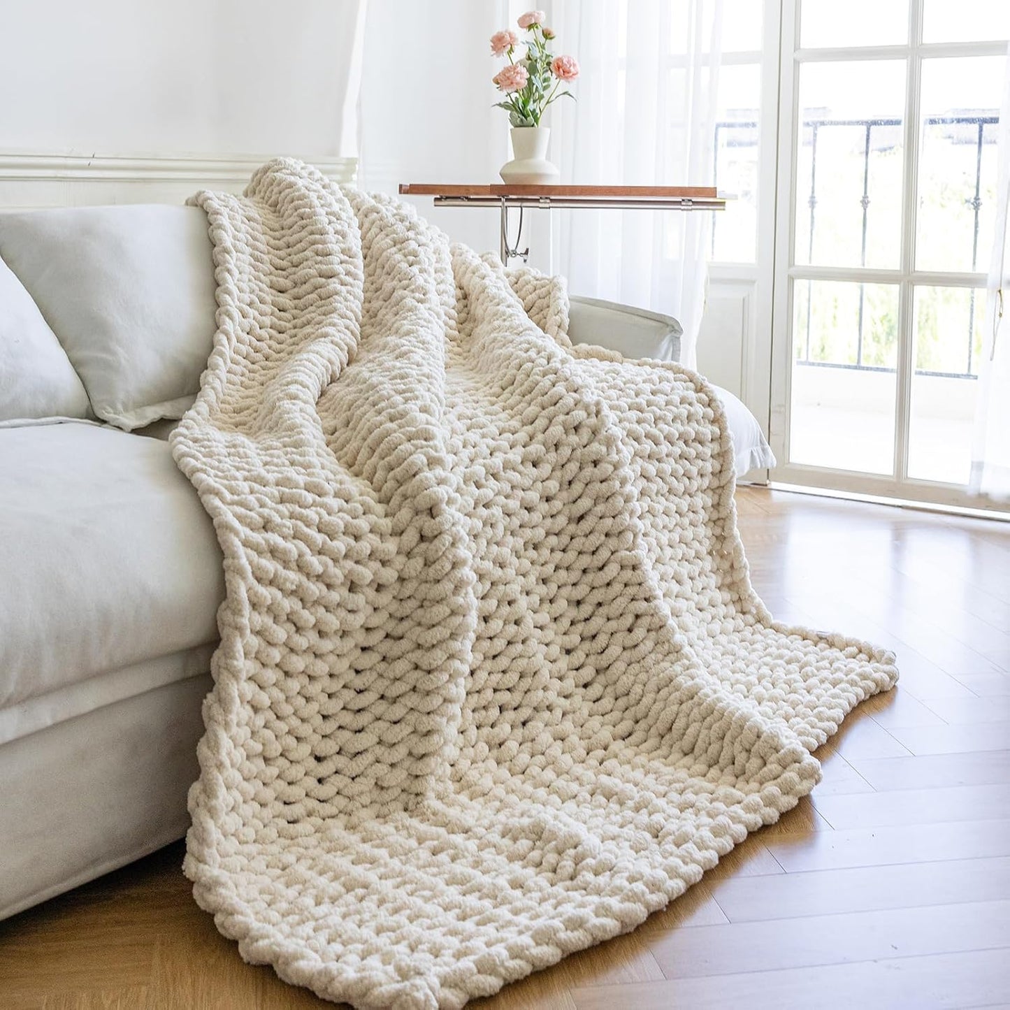 Chunky Knit Blanket - Luxury Soft Cozy 40 * 50 Throw Blanket,100% Woven Blanket Rope Knot Throw Blanket for Couch, Sofa, Home Decor, Gift - Machine Washable(Cream)