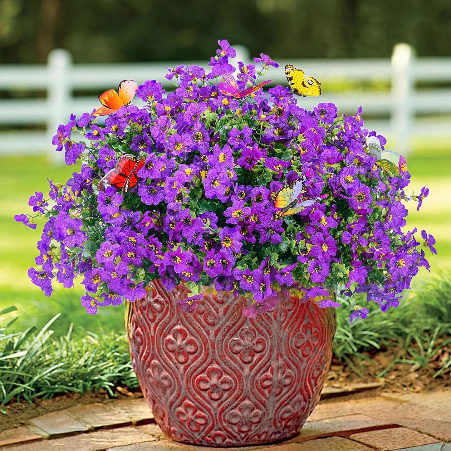 ‌20 Bundles Artificial Flowers for Outdoors‌ with 6 Faux Butterflies, UV Resistant ‌Fake Flowers‌ with Eucalyptus Leaves, ‌Artificial Plants Outdoor‌ for Patio Garden Porch Home Decor (Purple)