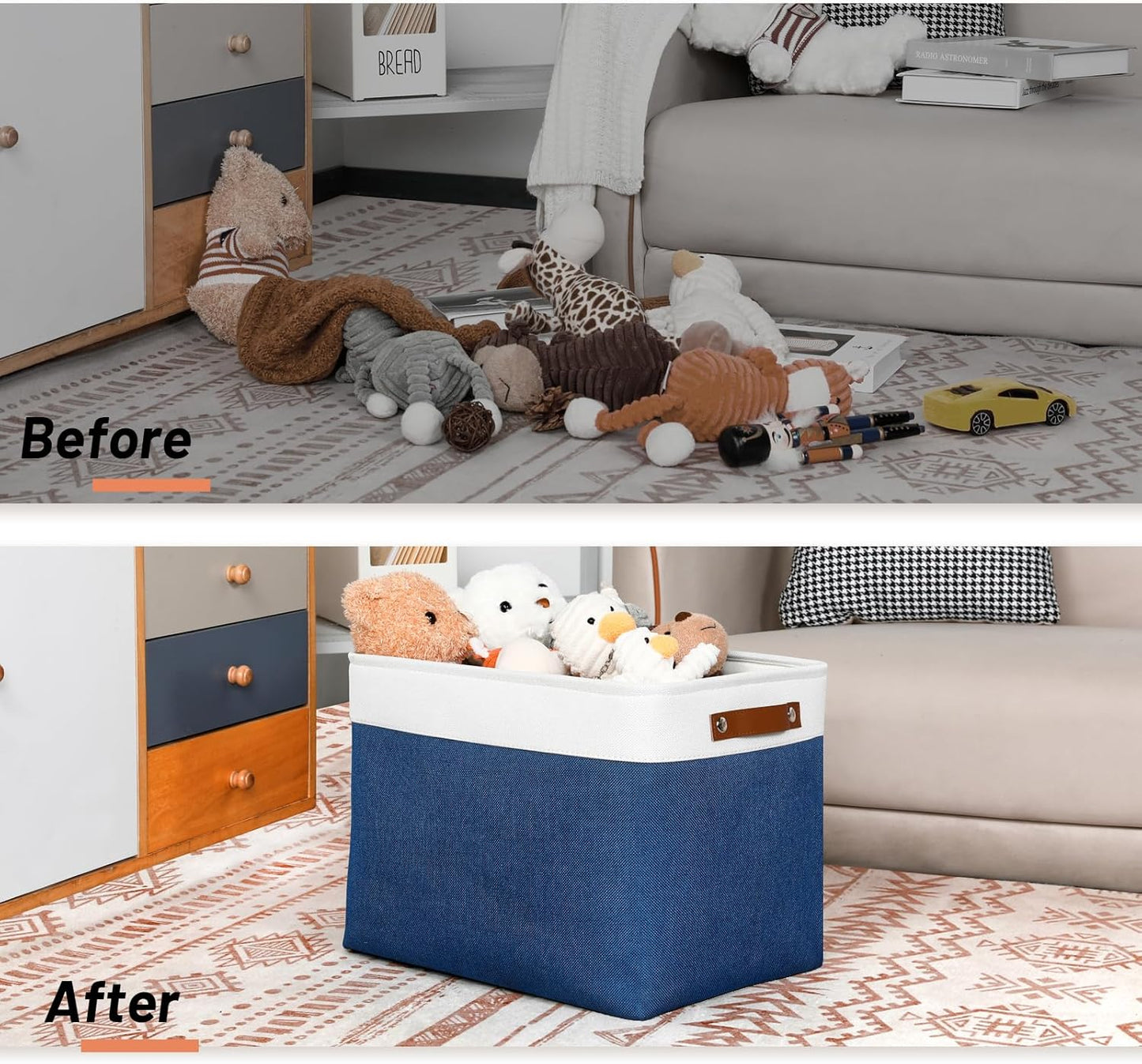 DULLEMELO Large Storage Baskets with Leather Handles for Linen Closet and Home Office, Decorative Baskets for Toys Storage (White & Blue)